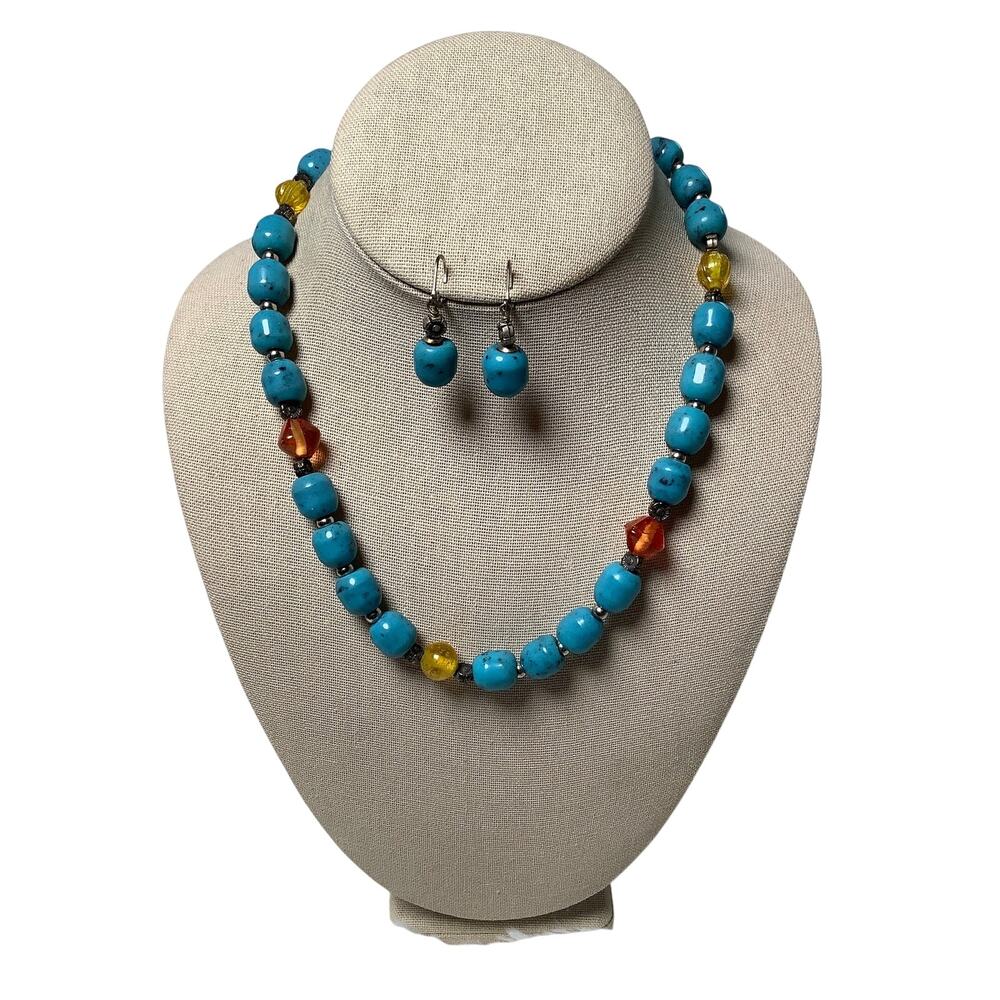 Native American Style Turquoise Amber Beaded Necklace Earrings Set A5-24